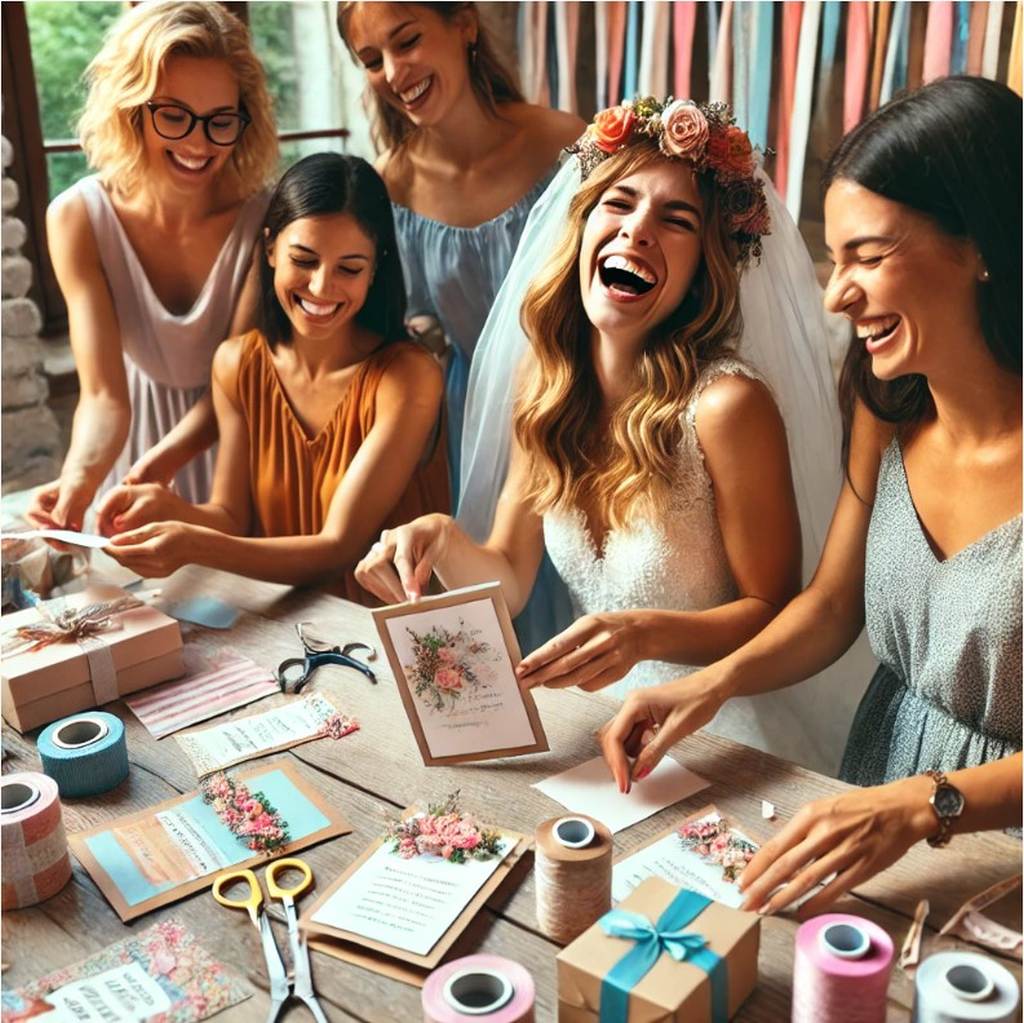 Braut und Freunde beim Basteln