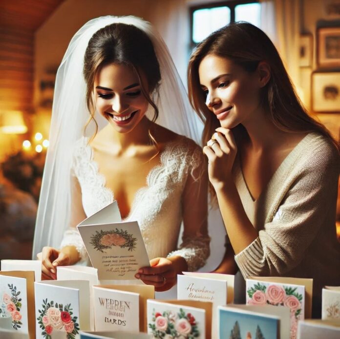 Braut und Trauzeugin bei der Auswahl von Hochzeitskarten