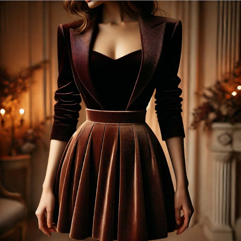 Ein High-Waist-Rock aus Samt, kombiniert mit einem kurzen Blazer und einem dezenten, aber schicken Top, passend für eine Winterhochzeit.