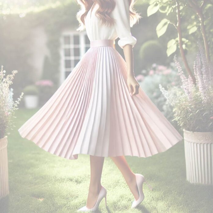 Ein eleganter Midirock in Pastellfarben, kombiniert mit einer weißen Bluse und klassischen High Heels, perfekt für eine Sommerhochzeit.