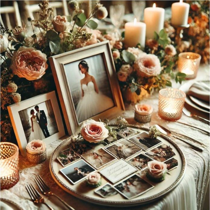 Nahaufnahme einer Hochzeitstafel mit Fotos und Blumenarrangements als Dekoration Nahaufnahme einer Hochzeitstafel mit Fotos und Blumenarrangements als Dekoration