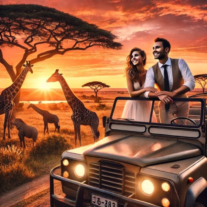 Paar auf einer Safari bei Sonnenuntergang Paar auf einer Safari bei Sonnenuntergang