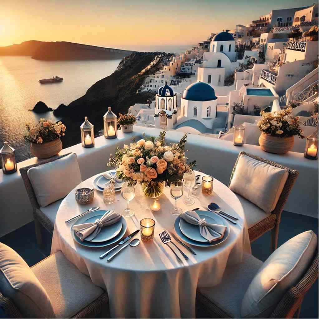 Romantisches Dinner auf einer Terrasse mit Meerblick