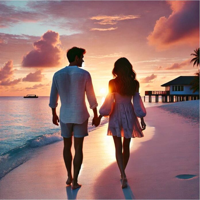 Sonnenuntergang am Strand mit einem verliebten Paar Sonnenuntergang am Strand mit einem verliebten Paar