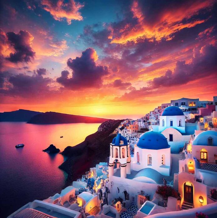 Sonnenuntergang in Oia mit Blick auf die Caldera Sonnenuntergang in Oia mit Blick auf die Caldera