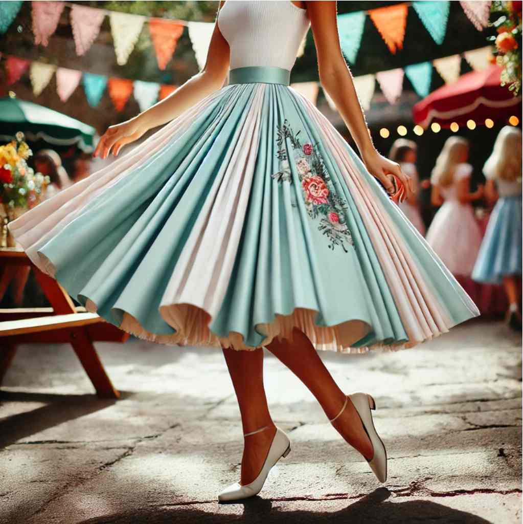 Ein Tellerrock im 50er-Jahre-Stil, der bei jedem Schritt mitschwingt, kombiniert mit einem einfachen weißen Top und Ballerinas, für einen verspielten, aber stilvollen Auftritt.