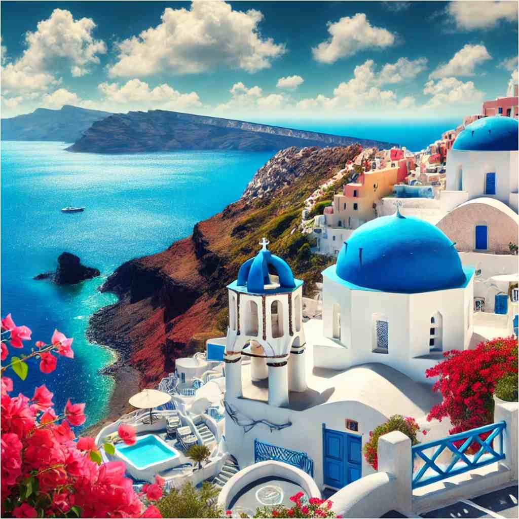 Weißes Haus mit blauer Kuppel und Meerblick