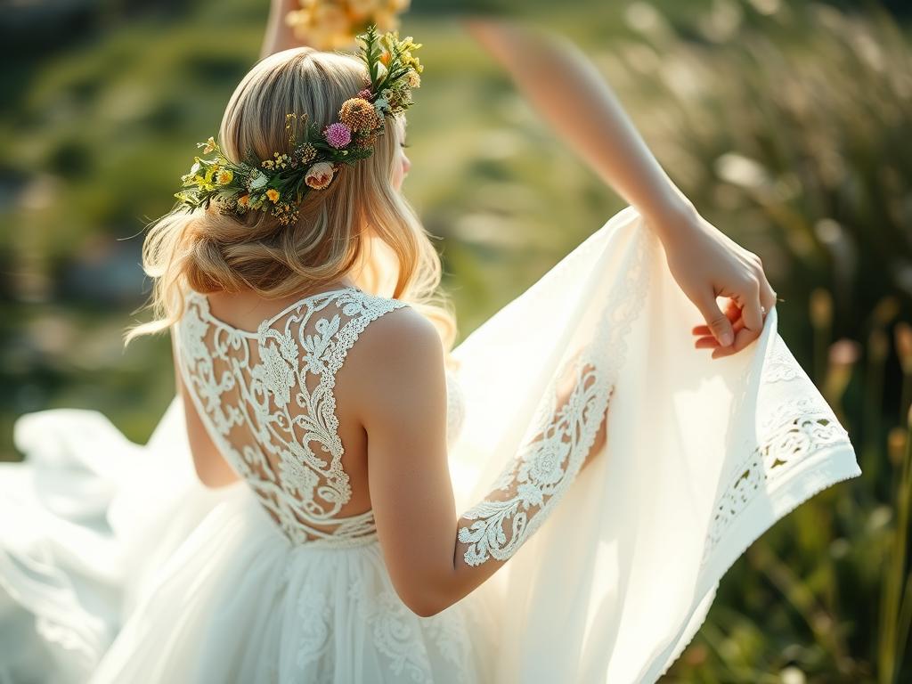 Boho Brautkleid mit Blumenkranz