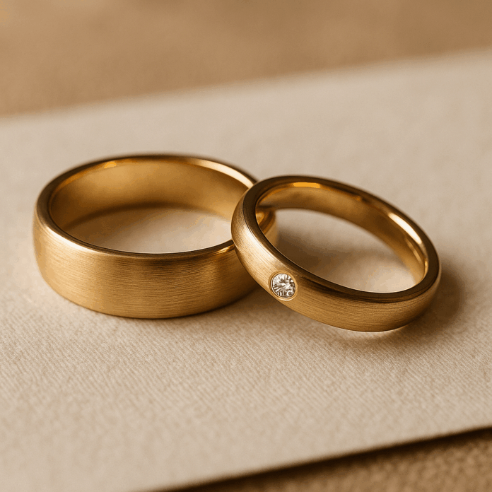 Goldene Ringe mit Diamant auf Stoffhintergrund Goldene Ringe mit Diamant auf Stoffhintergrund