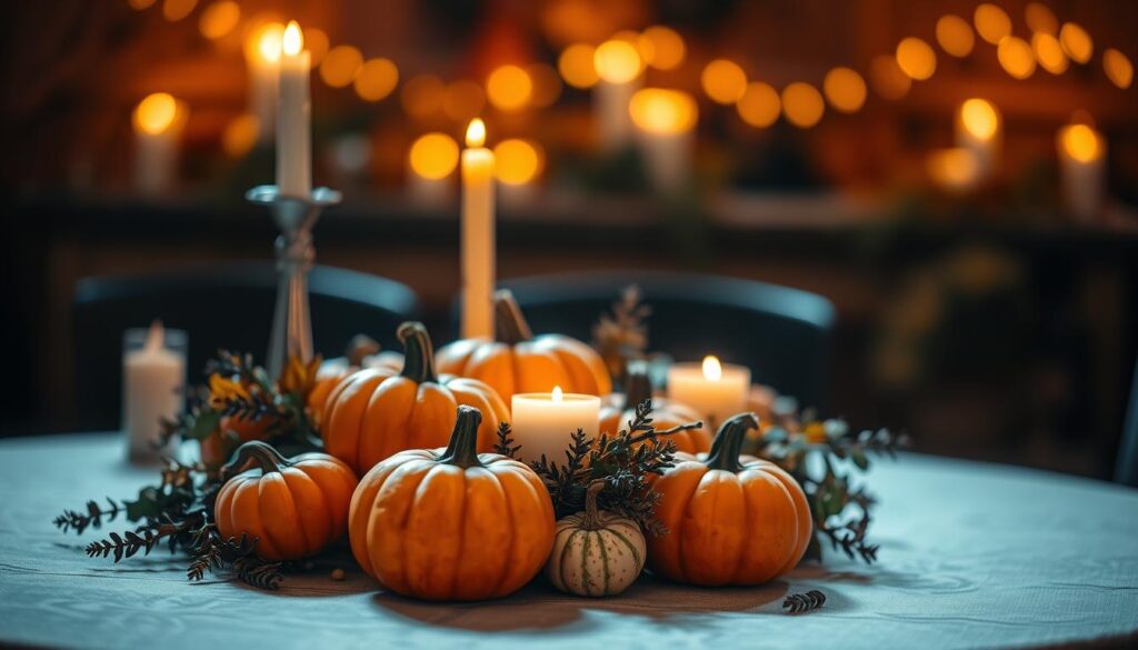 Stimmungsvolle Dekoration mit Kürbissen und Kerzen